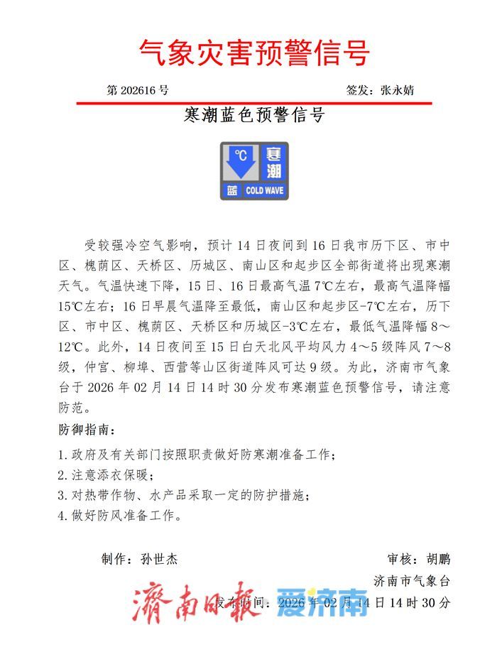 济南发布寒潮蓝色预警信号 降温达15℃阵风9级 全省局部有小雨雪