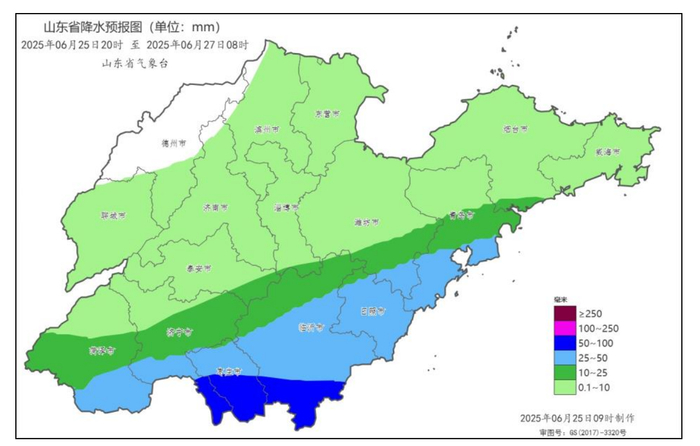 今夜到明夜山东有较明显降雨过程，局部有8～10级雷雨阵风