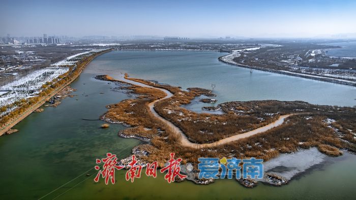 航拍济南玉清湖沉砂池，冬日生态秘境独具魅力