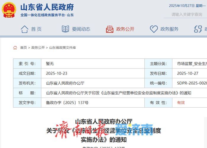 山东生产经营单位安全总监制度实施办法12月起施行