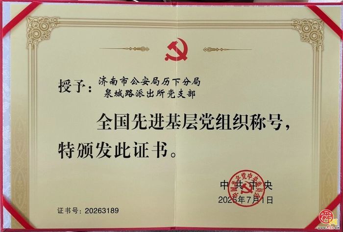 中共中央表彰！济南市公安局历下分局泉城路派出所党支部荣膺“全国先进基层党组织”