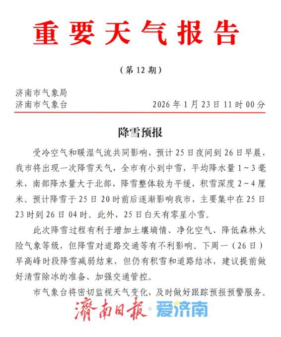 济南将迎小到中雪，积雪2~4厘米，具体降雪时间发布