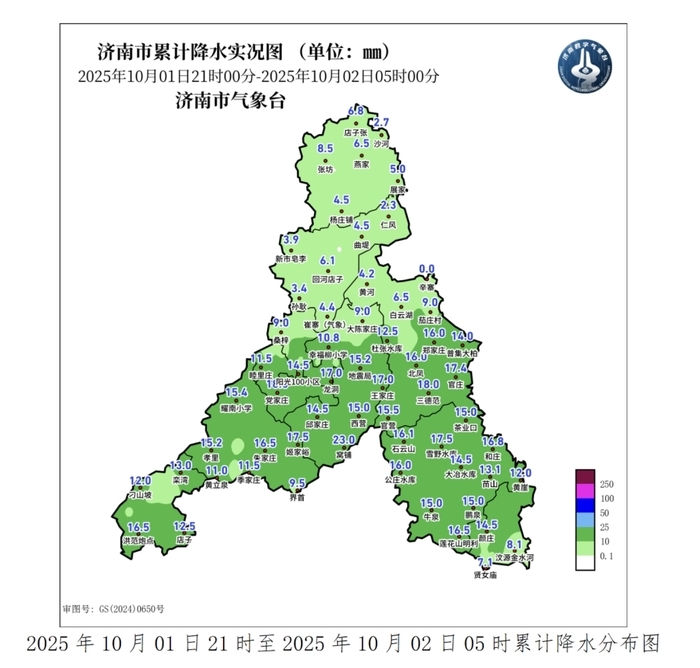 昨夜今晨，济南200个测站中19个雨量达大雨量级