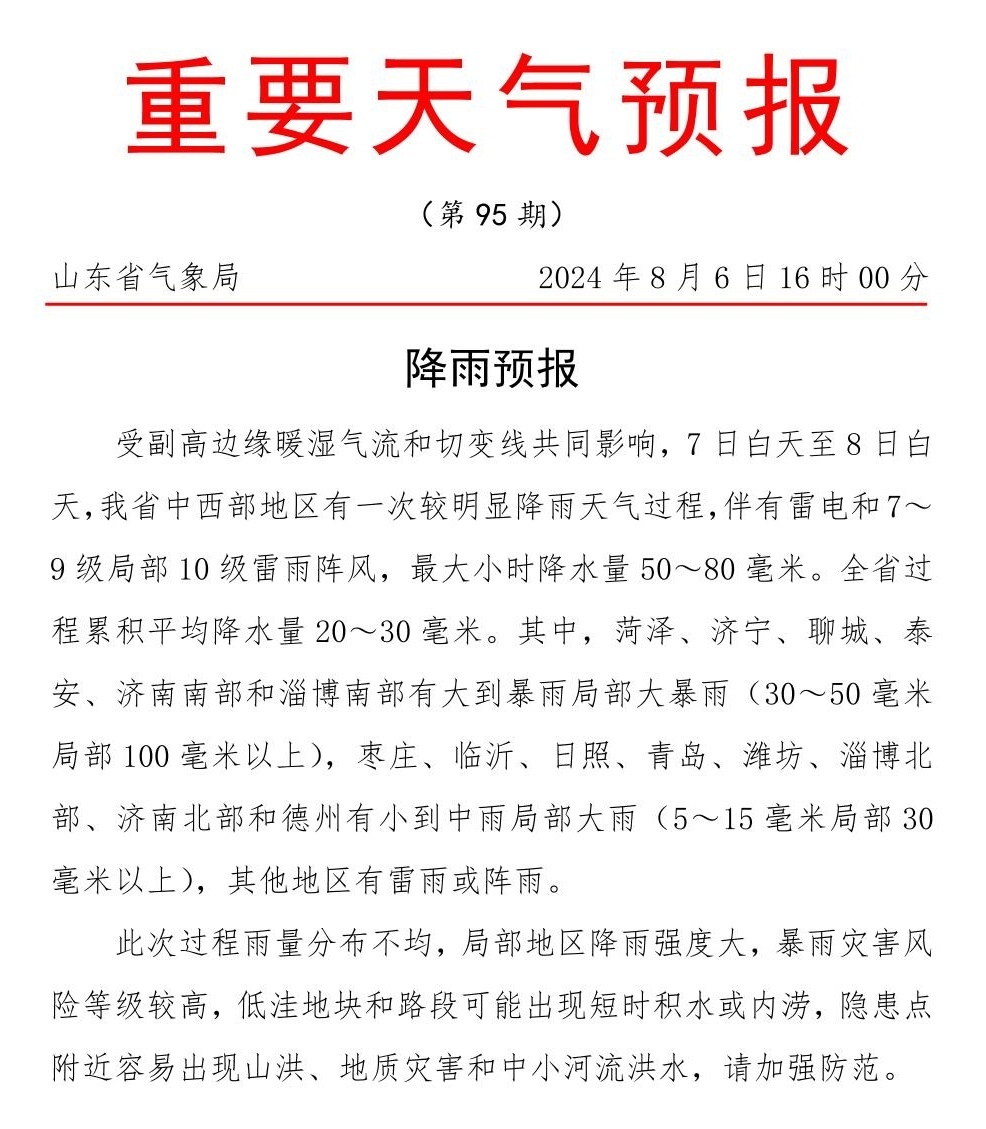 重要天气预报：7日白天至8日我市有中到大雨局部暴雨