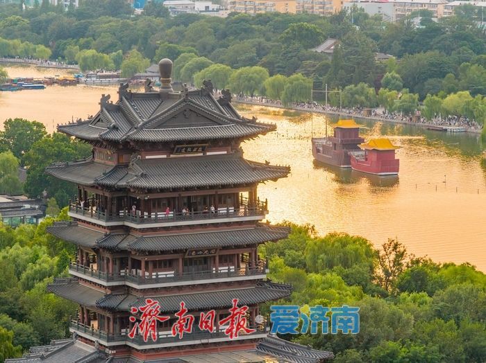 暮色熔金，大明湖铺开夏日画卷