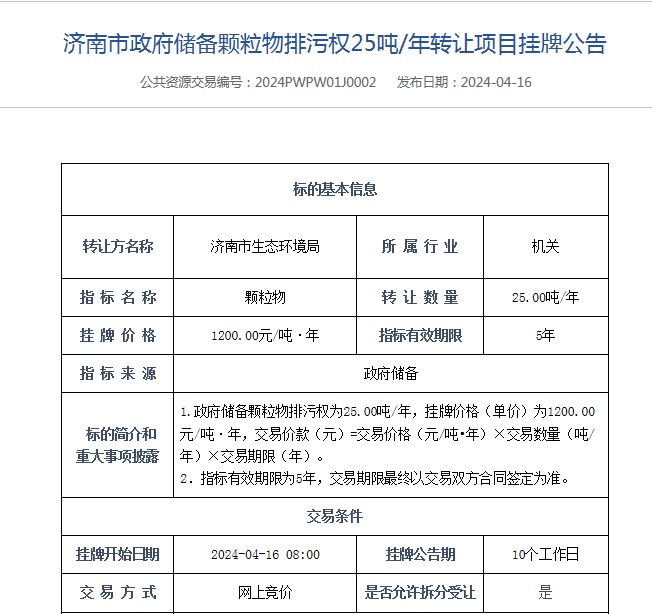 济南首笔政府储备排污权转让项目挂牌转让