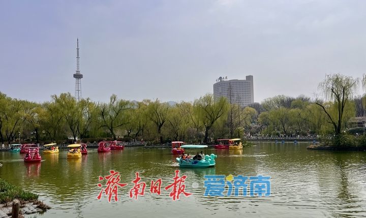 泉城回暖 市民泛舟赏春