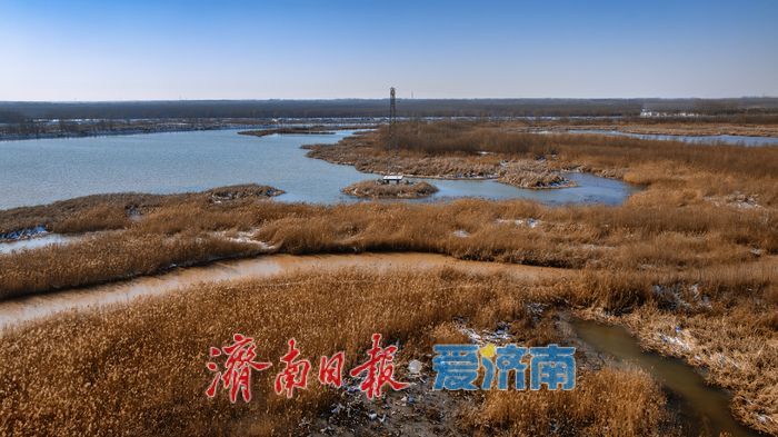 航拍济南玉清湖沉砂池，冬日生态秘境独具魅力