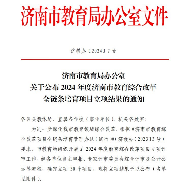 济南十一中项目获2024年度济南市教育综合改革项目立项