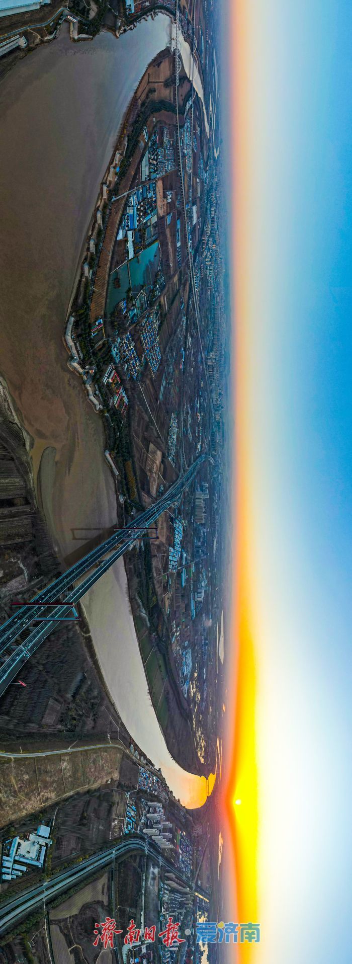 一年四季 泉在济南丨“长河落日圆”！初冬济南黄河畔现绚丽落日