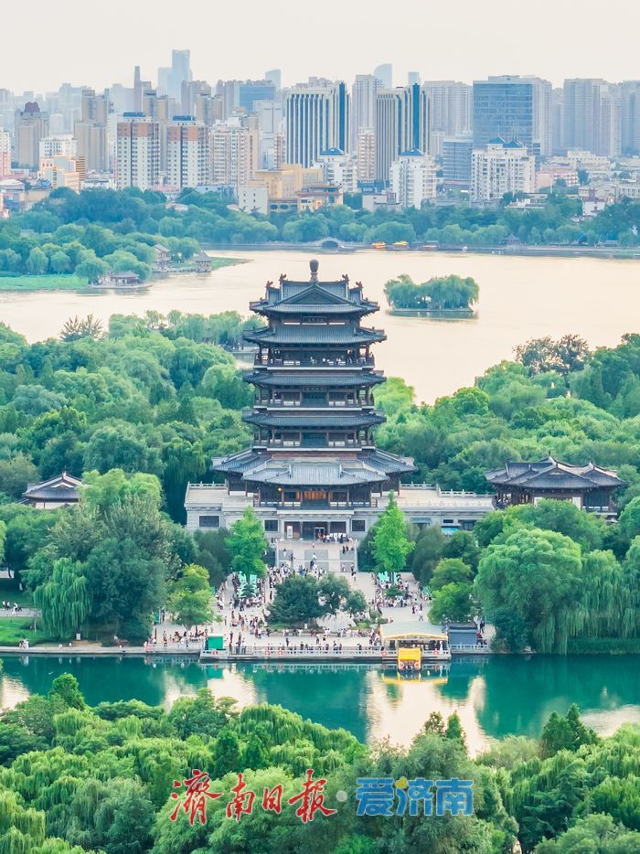 暮色熔金，大明湖铺开夏日画卷