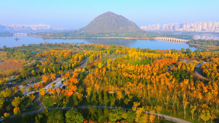 初冬时节，济南华山历史文化湿地公园烂漫秋色还未褪去，美不胜收