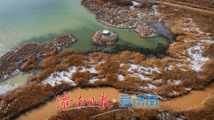 航拍济南玉清湖沉砂池，冬日生态秘境独具魅力