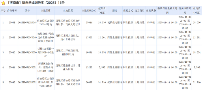 济南5宗居住、商务金融地块底价成交，总金额96197万元