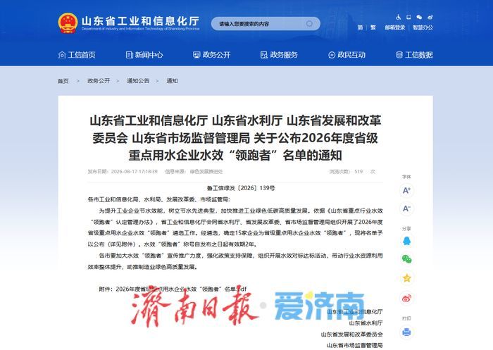 水重复利用率最高达99.75%！15家鲁企获评2026年度省级水效“领跑者”