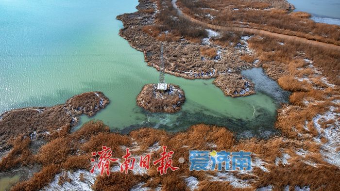 航拍济南玉清湖沉砂池，冬日生态秘境独具魅力