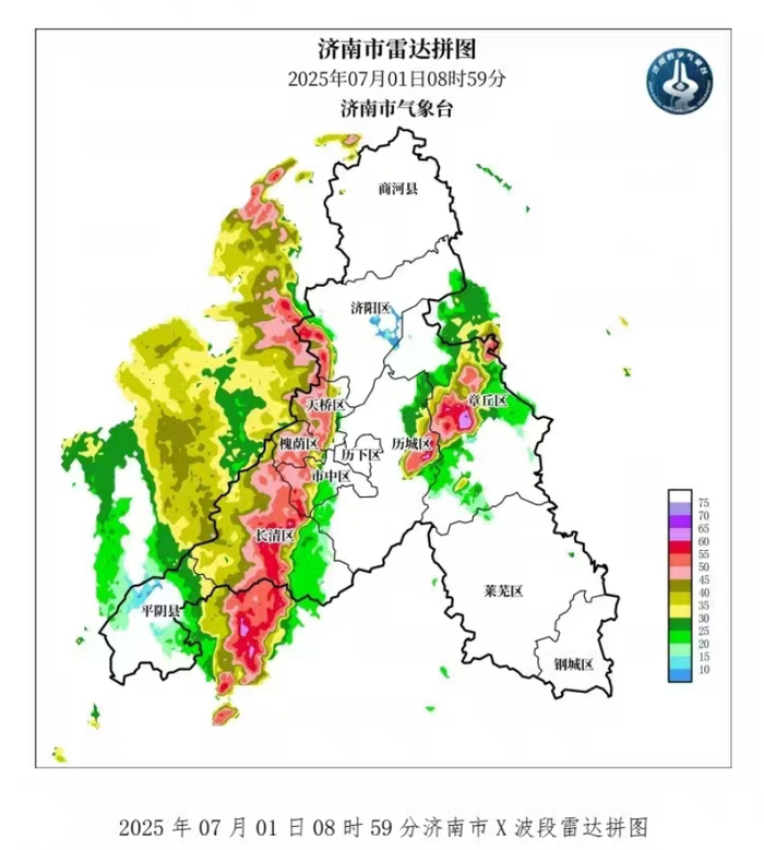 东西两块“降雨回波”正在影响济南，全市8个测点已现暴雨