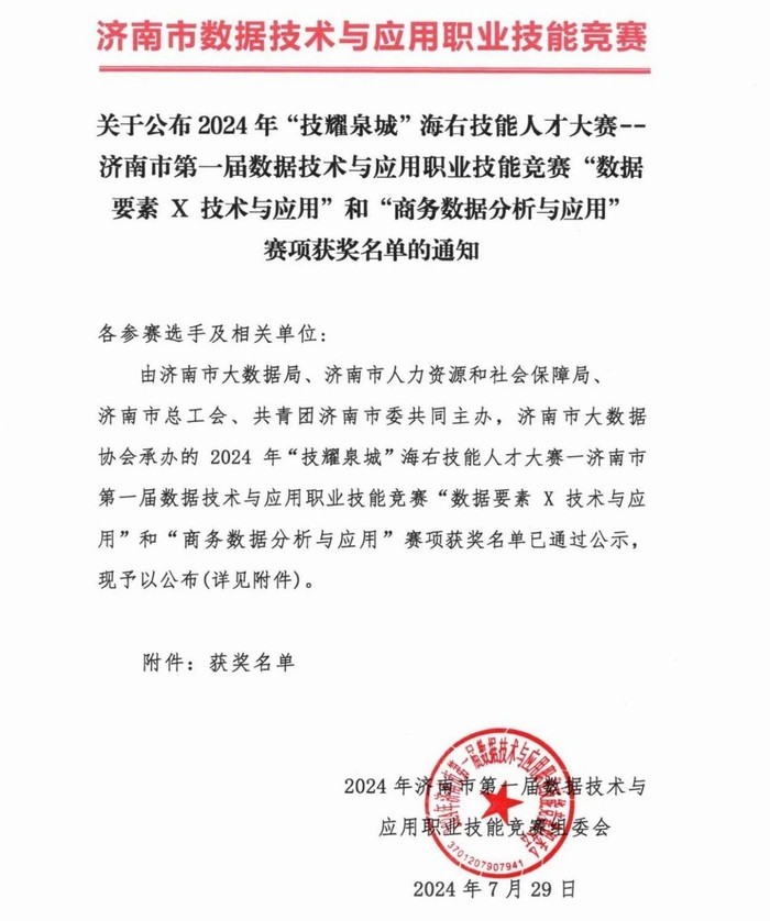 济南首届数据技术与应用职业技能竞赛两个赛项获奖名单出炉