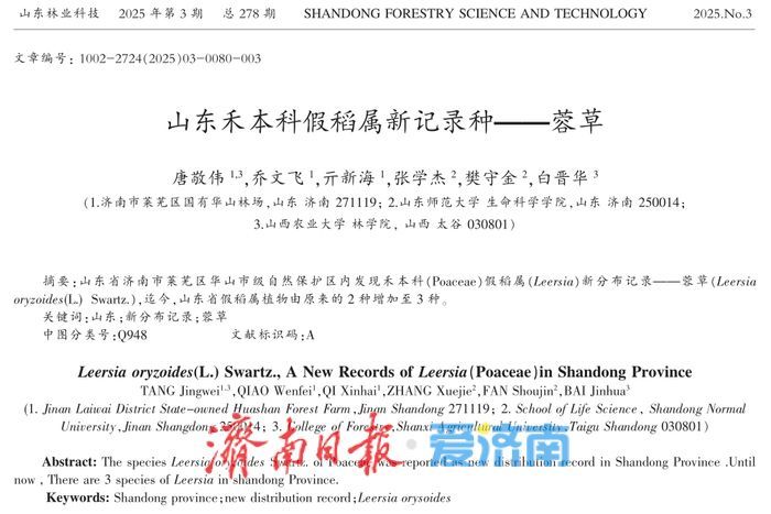 济南最大国有林场发现山东禾本科假稻属新记录种