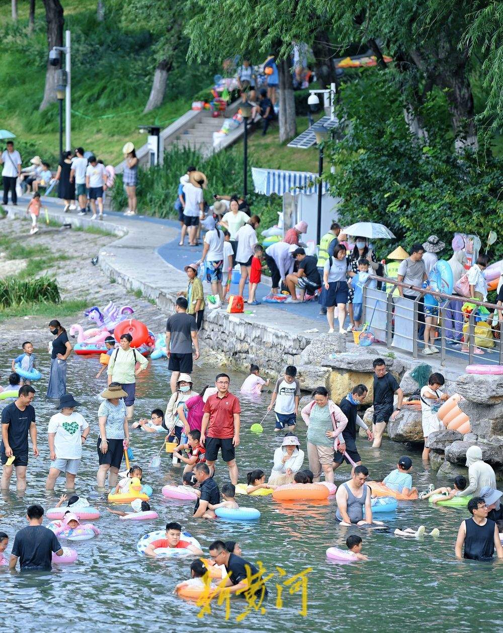 泉城中伏迎高温 济南市民小型湿地里戏水消夏