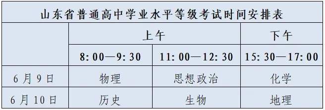 山东夏季高考各科目考试时间公布