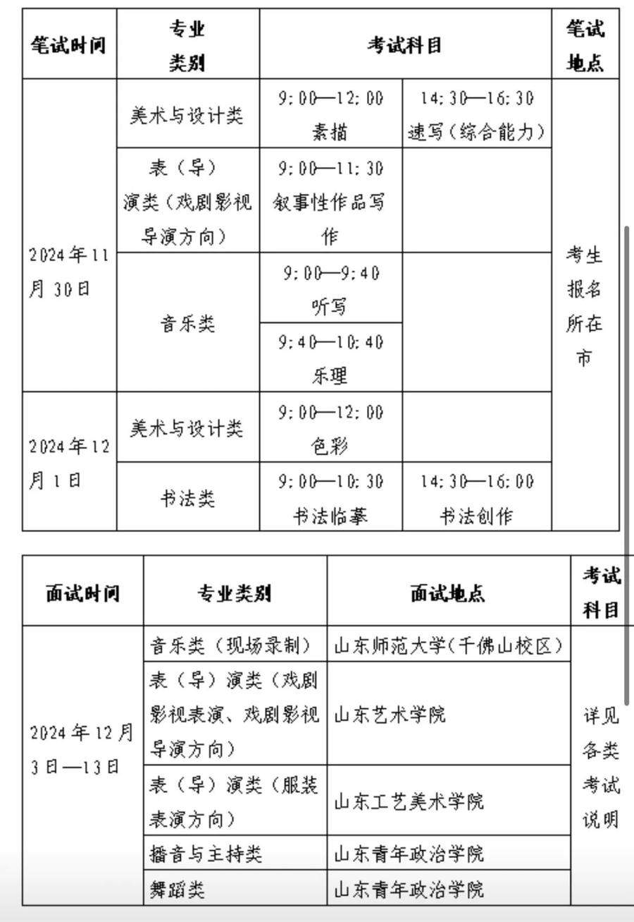 时间提前！山东2025年艺考统考2024年11月30日开考