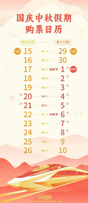 国庆中秋假期火车票今起发售 17日开售十一当天票