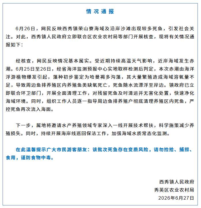 海口荣山寮海域及沿岸出现较多死鱼，官方通报