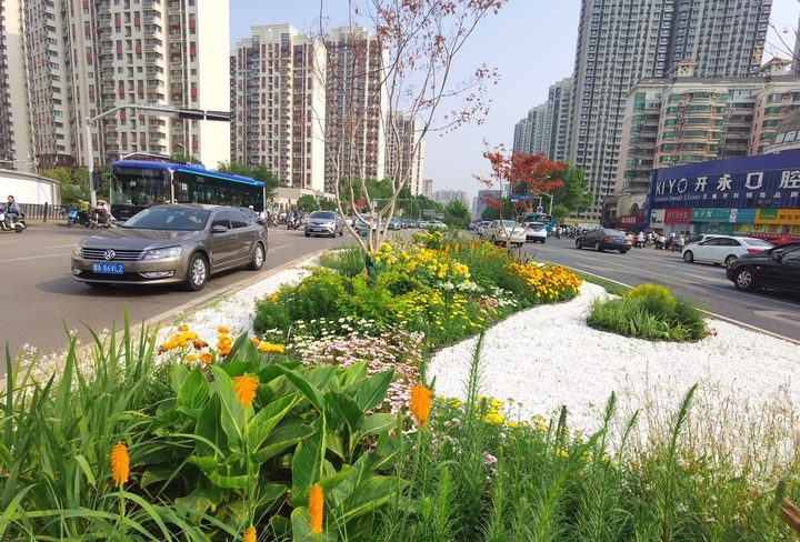 利用道路中央绿化带端头绿地打造的"流芳屿"园林景观节点也已完工