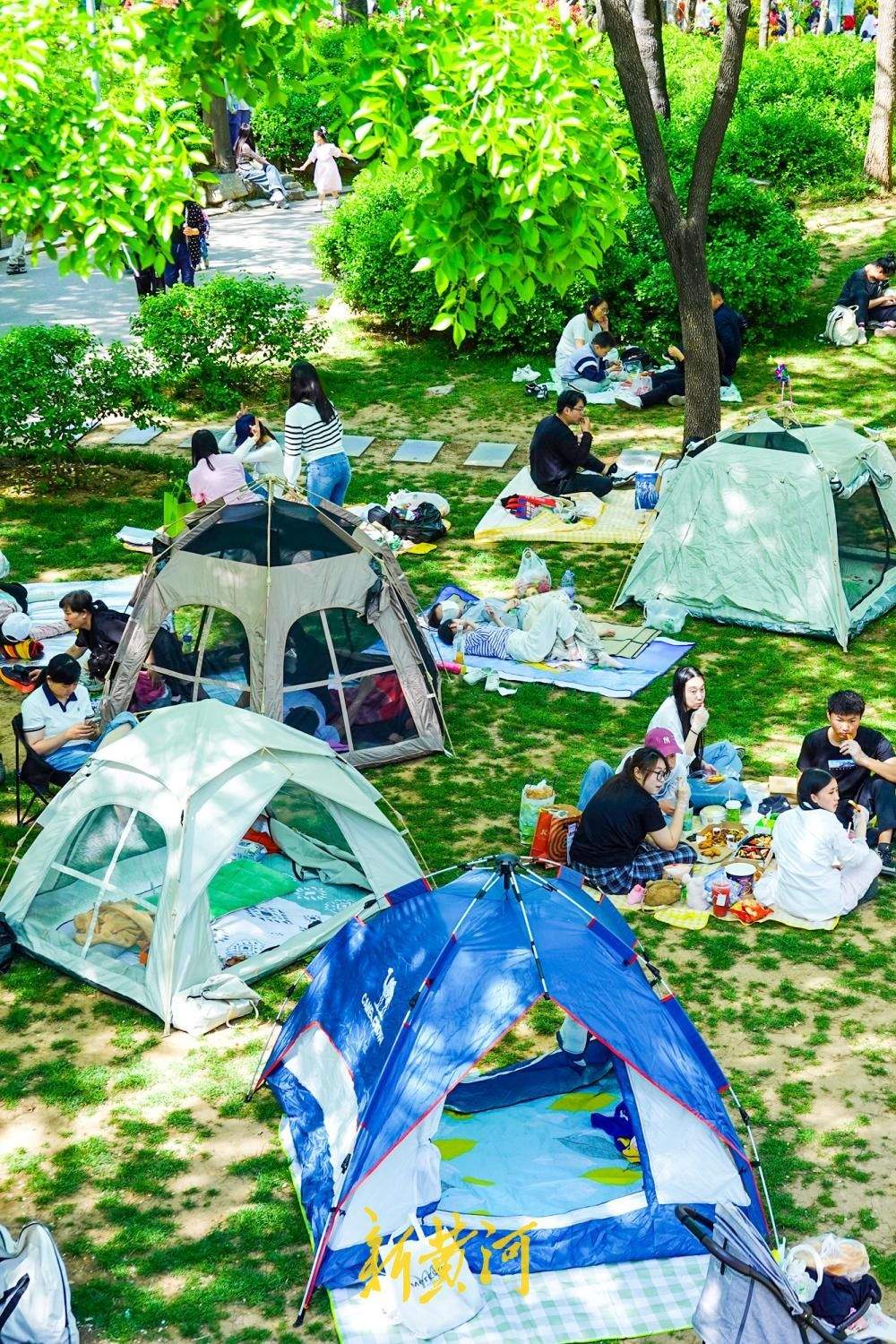 仲春公园迎来济南露营热 草地变身“户外客厅”