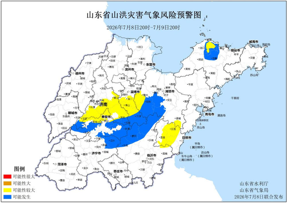 山东发布山洪灾害黄色预警:预计7月8日20时至9日20时,济南、淄博等7市局部地区或发生山洪灾害