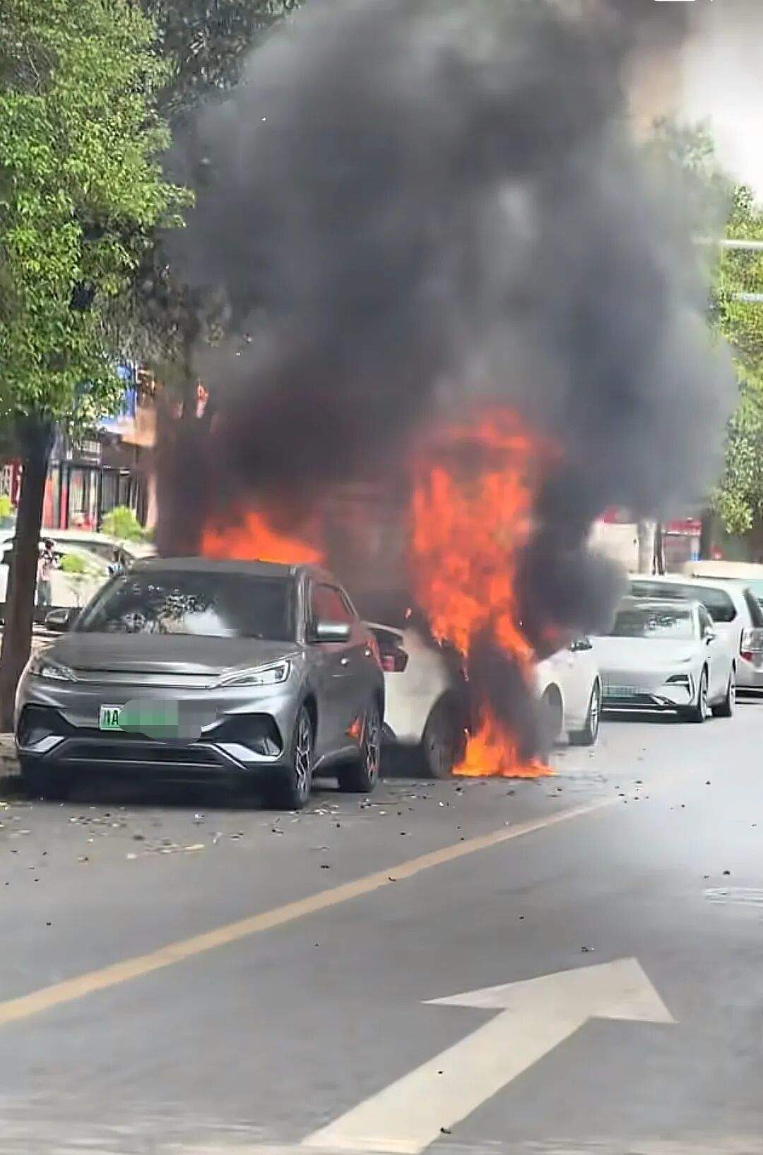 郑州一新能源车街头自燃起火引燃后方车辆，车主挪车冲向绿化带二次受损，消防人员：无人受伤，正在调查原因