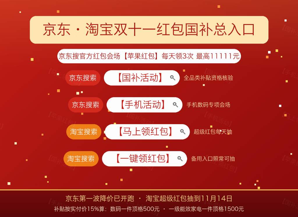 双十一红包口令怎么搜？官方红包会场【苹果红包】天天三次最高11111元，官方国补领券入口【国补活动】叠加15%补贴，京东第一波降价已开跑、淘宝26888元超级红包接力，手机数码家电省钱作业一次抄全