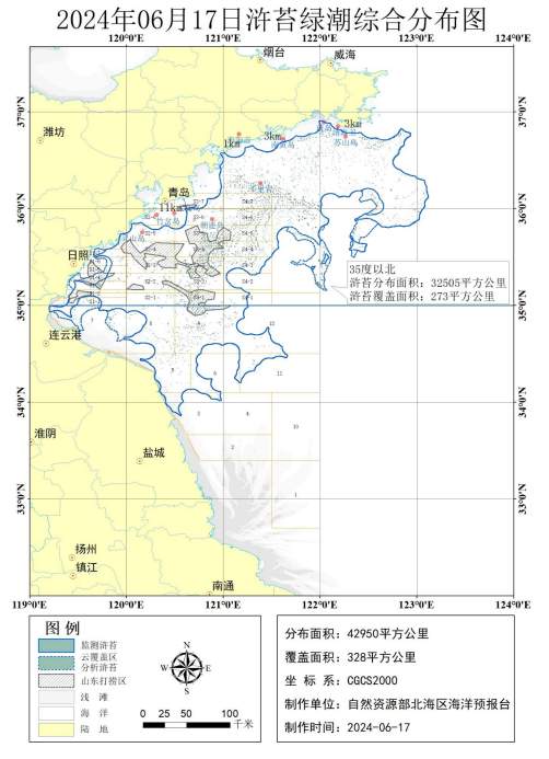 黄海海域浒苔绿潮再度来袭 分布面积近4.3万平方公里