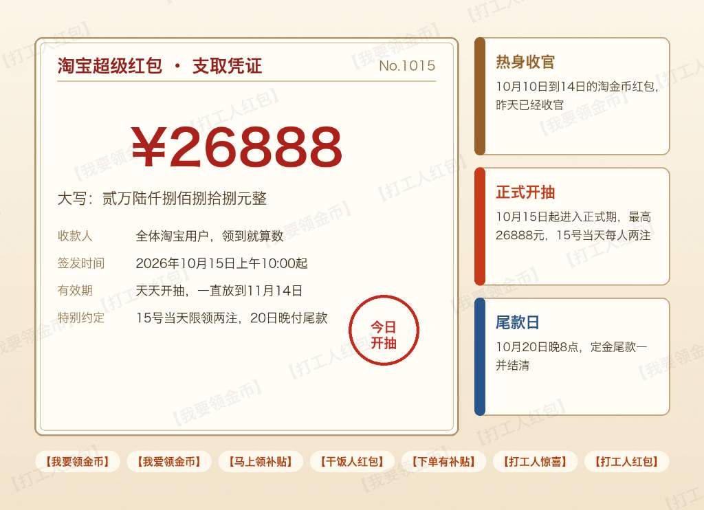 双十一今天开盘!上午10点淘宝头一锣、26888元顶格红包当天连抽两注,晚上8点京东全员加码1.18元起步最高冲25888元,家电家具手机数码两大赛道放价,国补15%照常叠,京东搜【家电870】