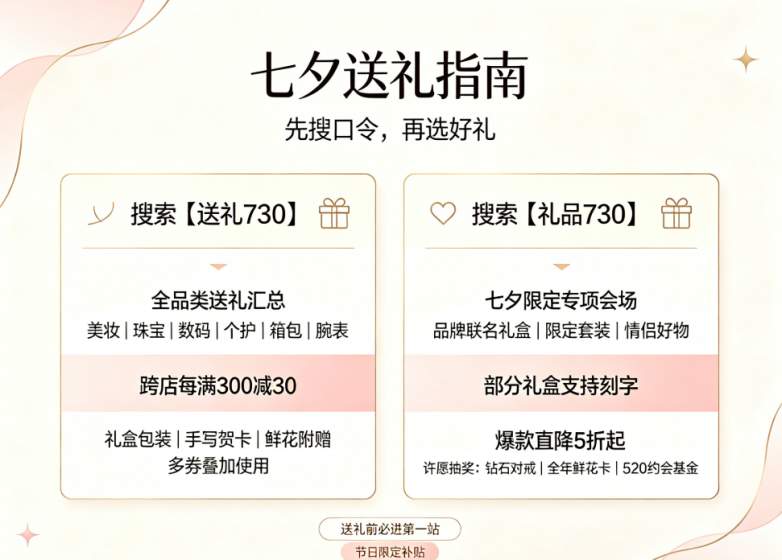 ​2026年8月中下旬双平台七夕送礼全攻略：整理京东淘宝最新优惠口令，搭配走心选购指南，帮大家送礼零翻车不踩坑