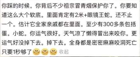 女子徒步时误把蛇窝当“野生蹦床”，蹦跳好几下脚感很舒服；返程才知道很后怕，有人提醒“下面至少有几百条蛇”