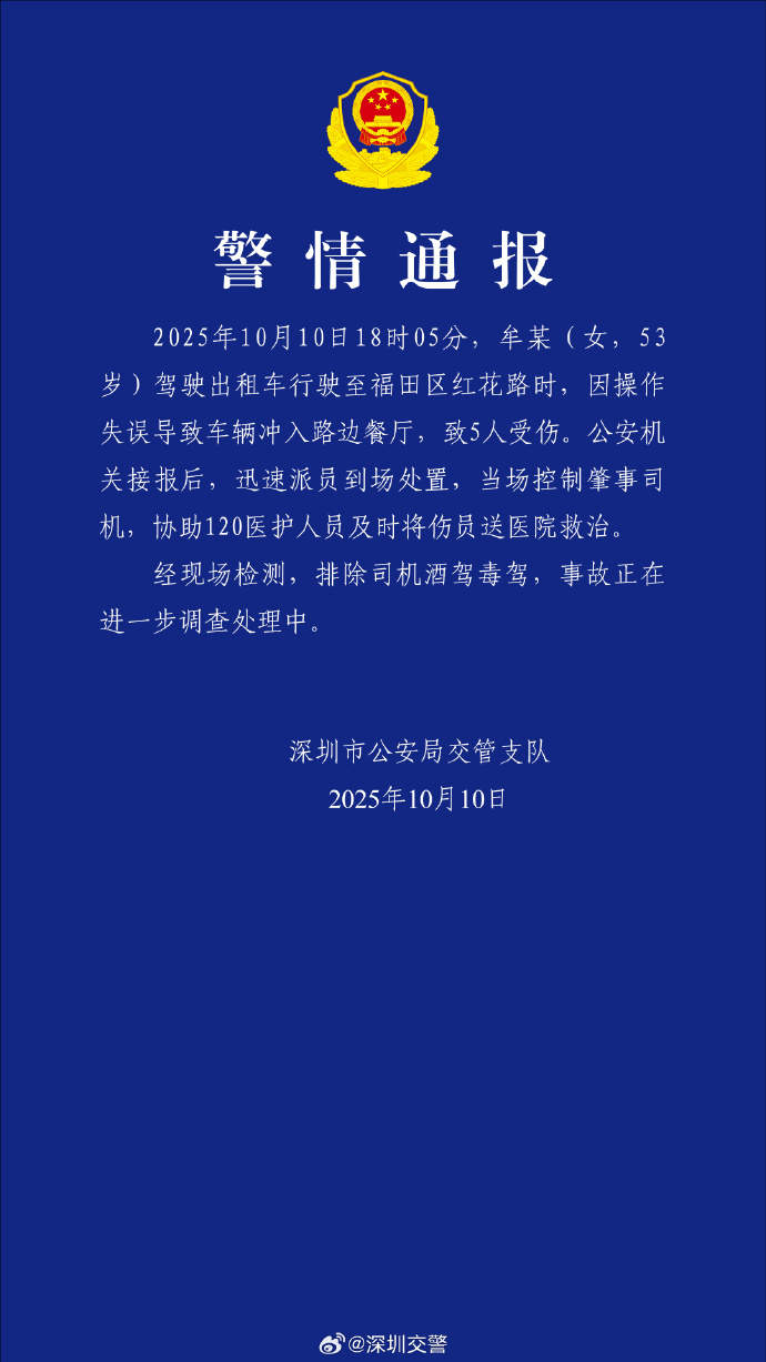 深圳警方通报“出租车冲入路边餐厅致5人受伤”：牟某（女，53岁）操作失误，排除酒驾毒驾，正进一步调查