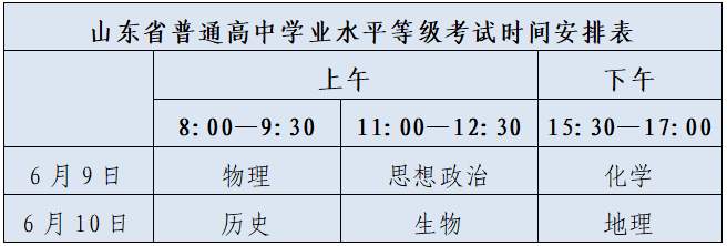 山东今年夏季高考各科目考试时间公布