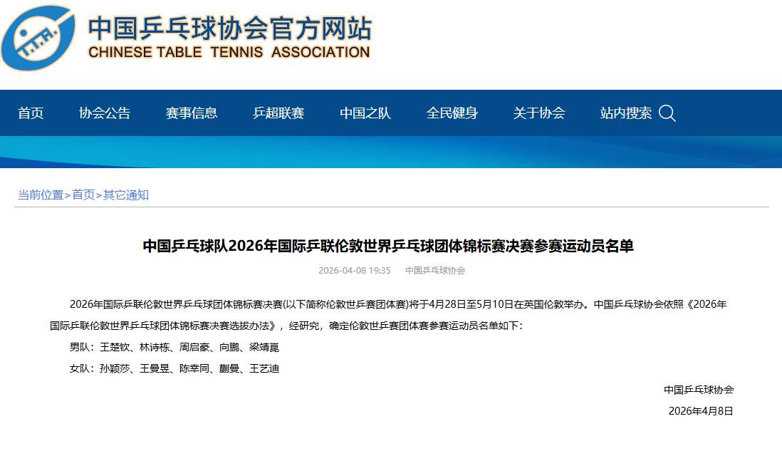 伦敦世乒赛团体赛国乒阵容公布