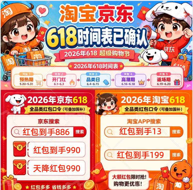京东淘宝618时间表公布！从5月13日晚上8点开启到6月20号结束！2026年618年中大促终极攻略：节奏、玩法与省钱秘籍！