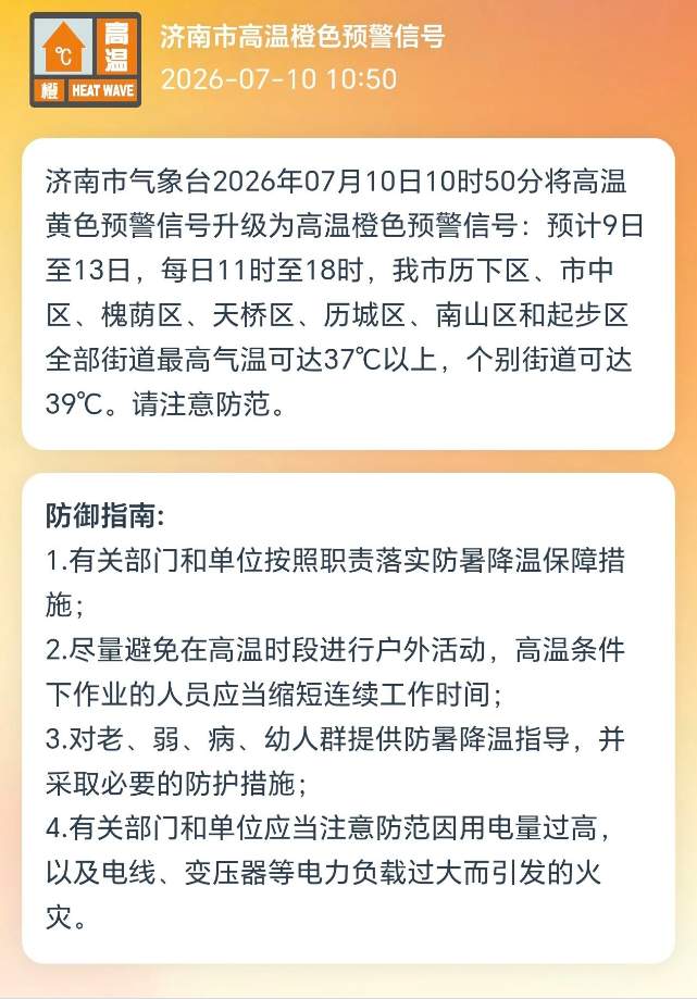 济南发布高温橙色预警信号，局部可达39℃！