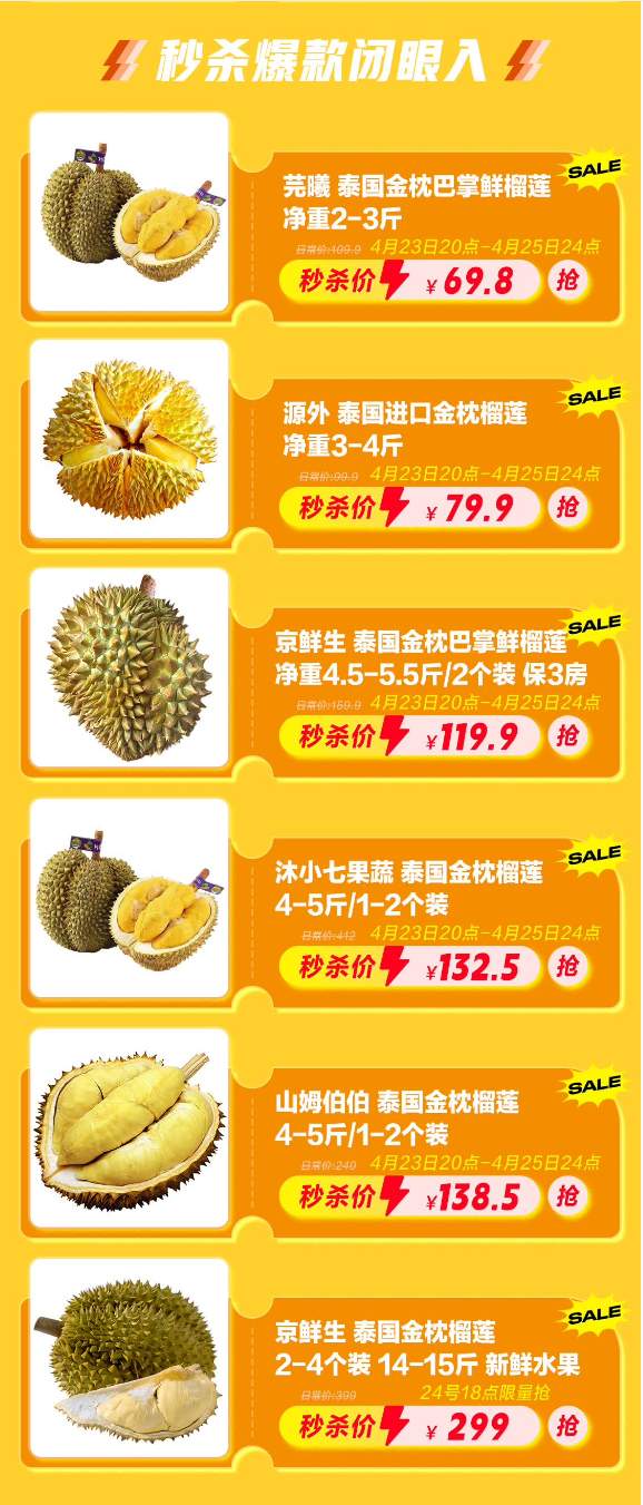 京东秒杀泰国鲜榴莲超级秒杀日开启，金枕榴莲低至21.5元/斤