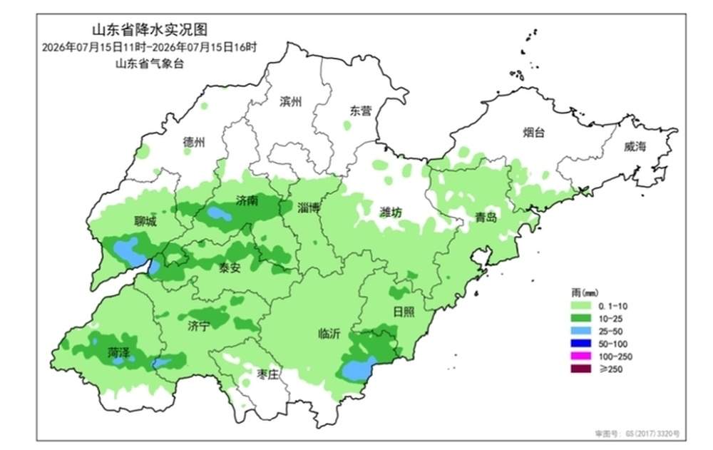 16日夜间到17日白天山东省中南部地区仍将有一次强降水天气过程