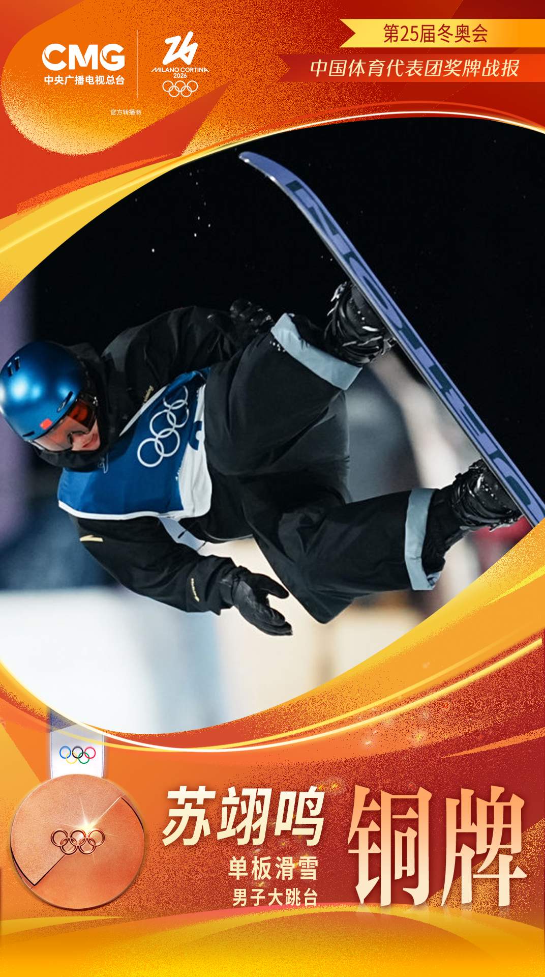 苏翊鸣获得米兰冬奥会中国代表团首枚奖牌