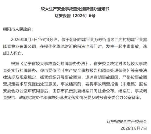 辽宁朝阳发生3死中毒事故 该省安委会挂牌督办