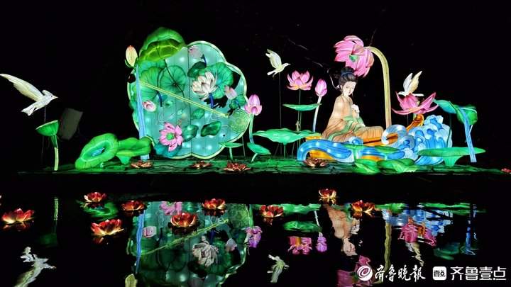 美轮美奂，天下第一泉迎春花灯会多组花灯调试亮灯