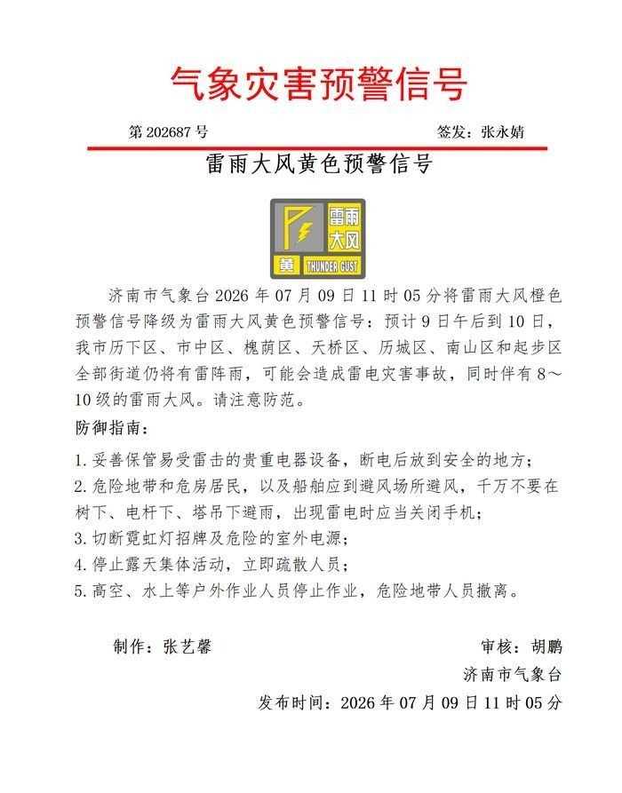 济南雷雨大风预警降级为黄色 9日午后到10日仍有8~10级的雷雨大风