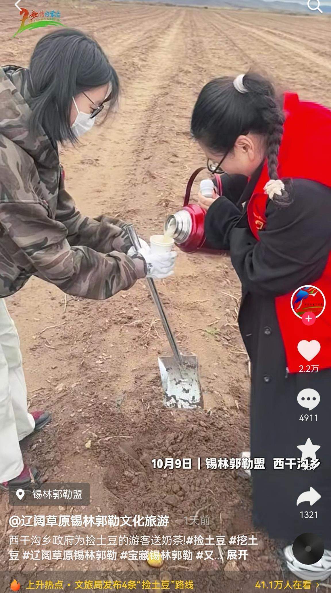 游客自驾内蒙古纷纷下车捡土豆，乡政府送上奶茶、铲子和袋子：欢迎常来玩