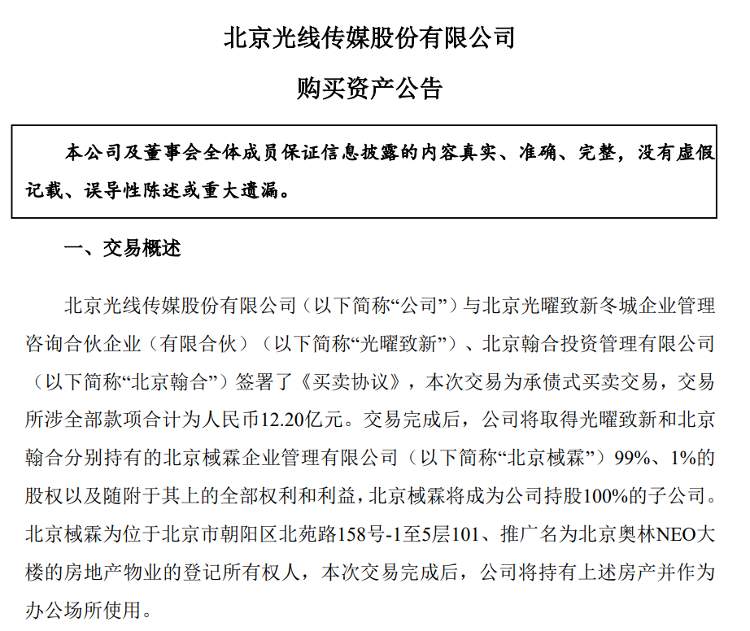《哪吒2》爆火后，光线传媒宣布斥资12.2亿元在京购置办公楼